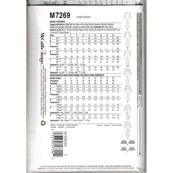 McCalls M7269 Misses Costume, Unitard, Harlequin Pattern New Size 12 to 20 - Picture 2 of 2